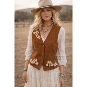 FREE PEOPLE x DAN CASSAB Brown White Floral Embroidered Suede Leather Vest XS
